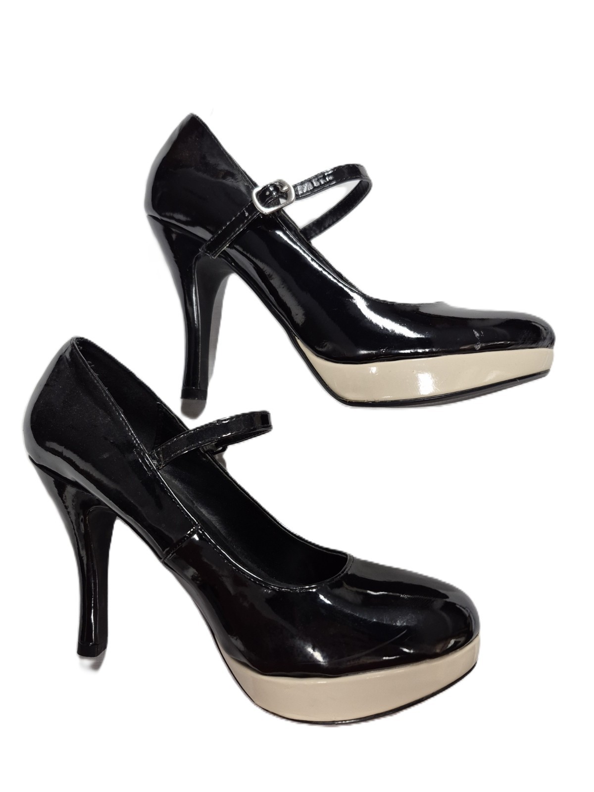 Maurice’s Black & Tan Heels (8.5) Instep-Strap Man-Made 4.25″-Heels