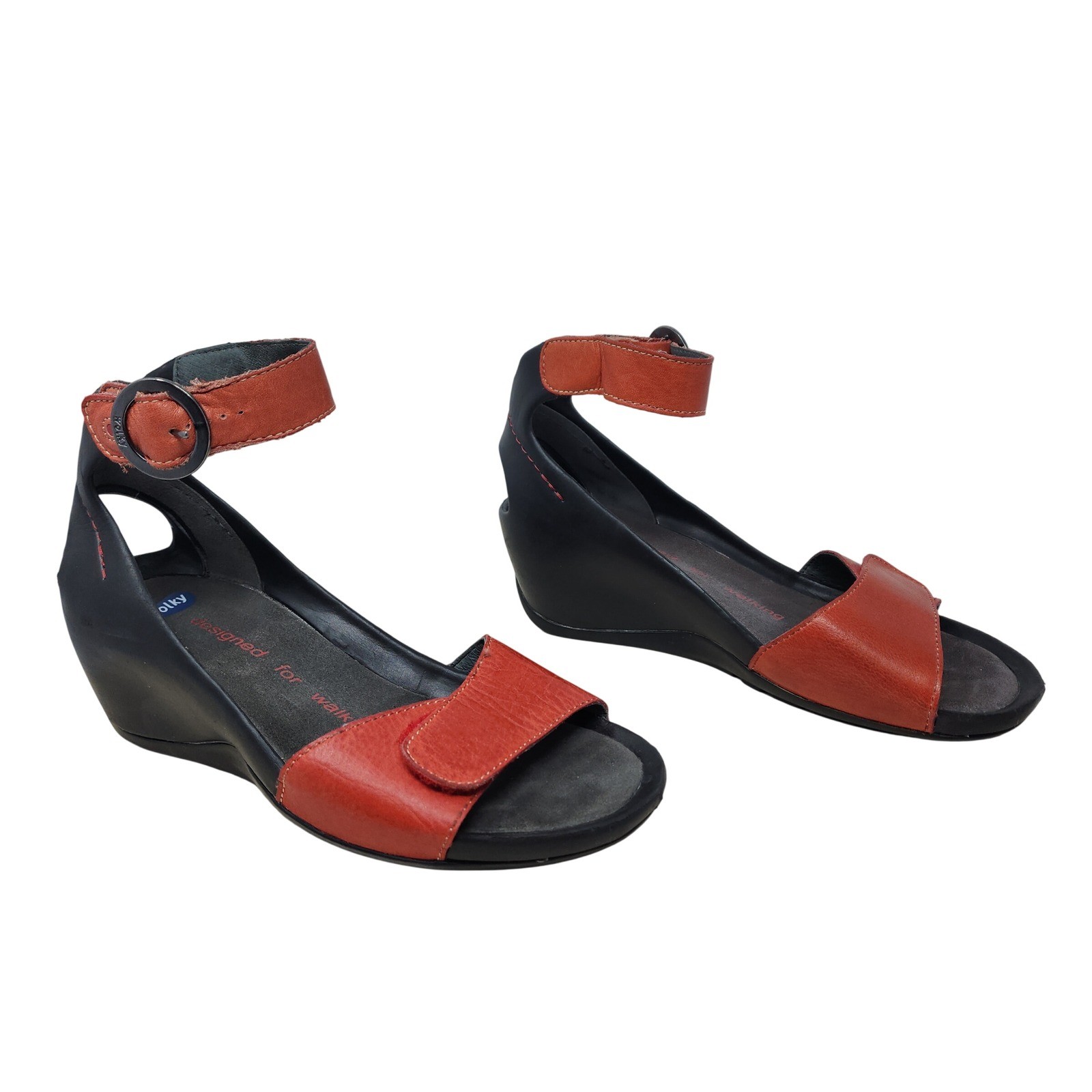 Wolky Wedge Sandals 37 6 Wom Black Red Leather Ankle Strap Comfort 1175 Walking