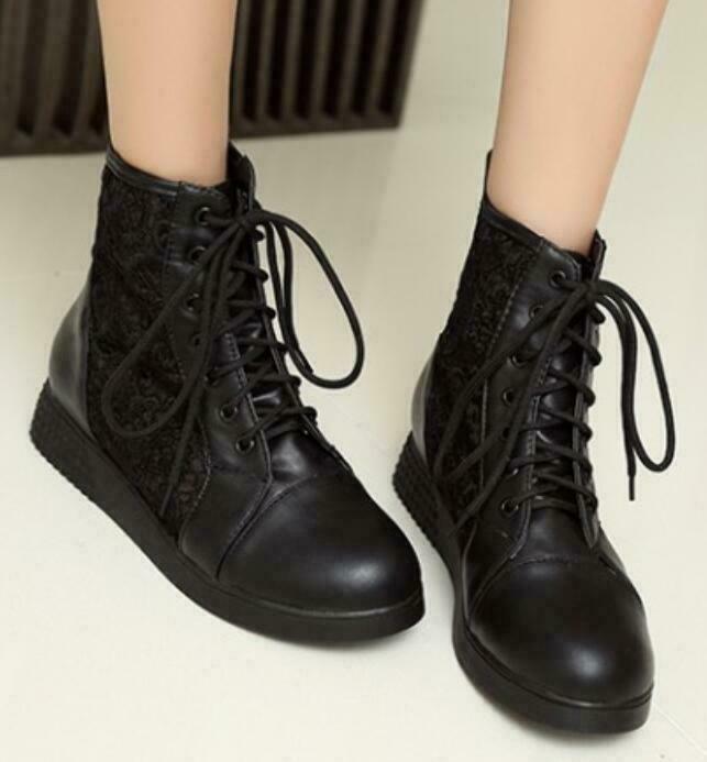 Womens Lace Up Mesh Wedge Hidden Heel Round Toe Faux Leather Ankle Boots Shoes