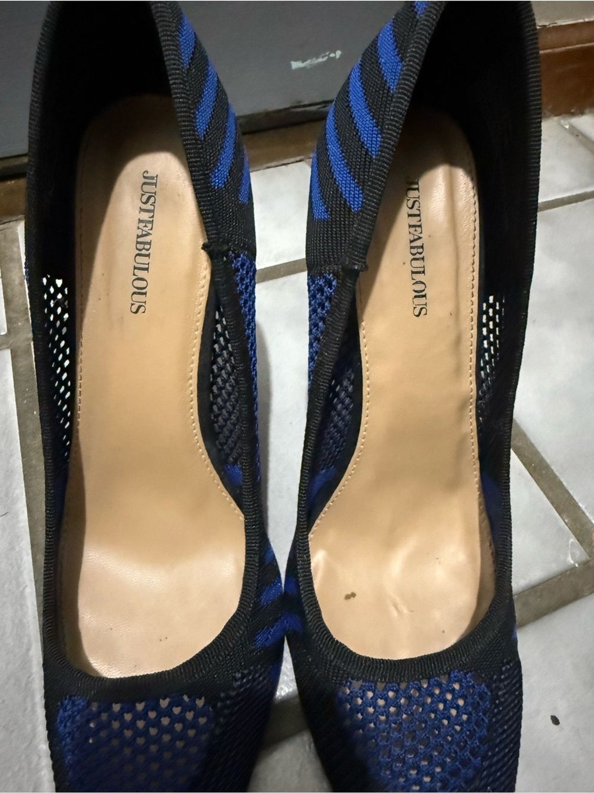 Just Fab “Milly” RoyalBlue Black Striped Mesh Pointed-Toe 5”Stiletto Pumps (9.5)