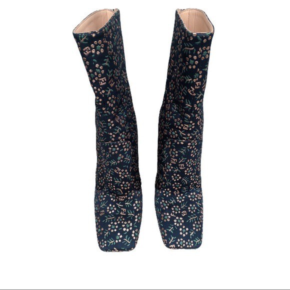Fendi Boots 36 US 5.5 FFreedom Blue Floral Jacquard Square Toe Ankle NEW