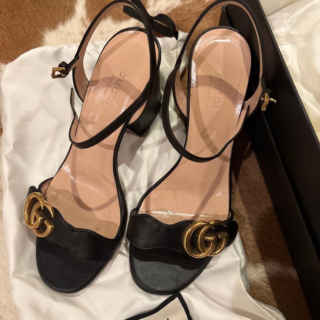 Gucci GG Marmont Leather Ankle Strap Sandals Black Chunky Heel Size 36 US 6 Box