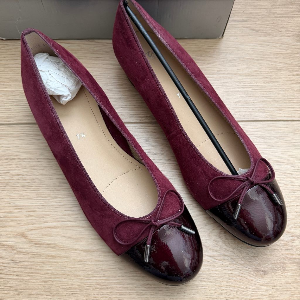 ara Betty Barolo Suede Ballet Flats Womens US 10 Burgundy Patent Cap Toe Bow
