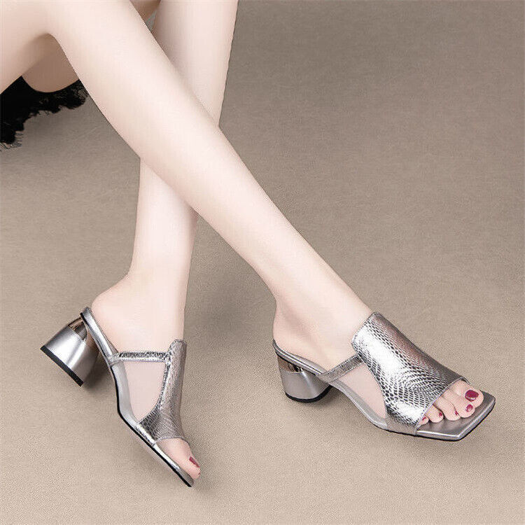 Women’s Summer Sandals New Fashion Breathable High Heel Square Toe Slippers Sz