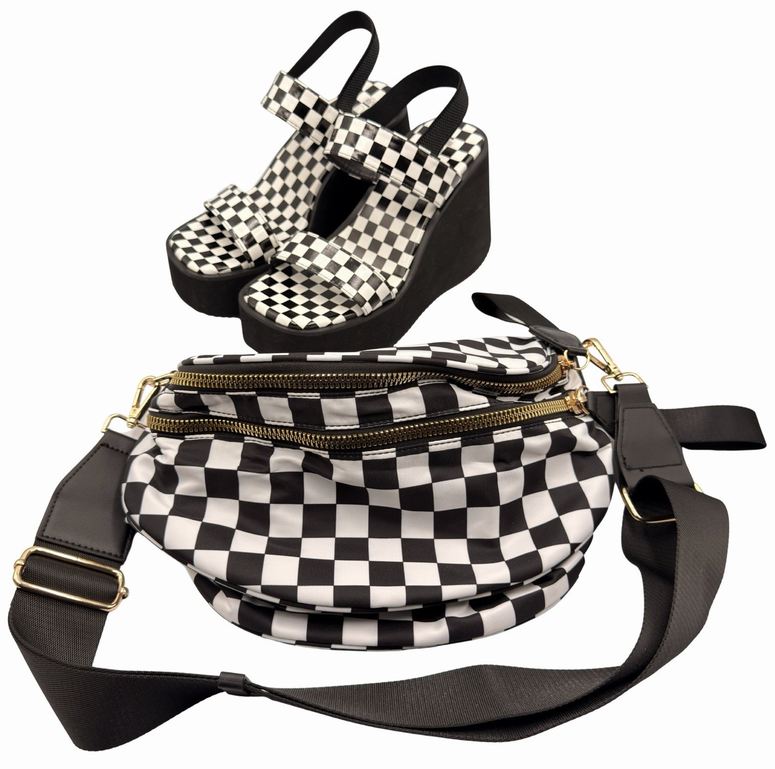 Women’s Black White Platform Wedge Heels & Geometric Crossbody Bag Set Combo