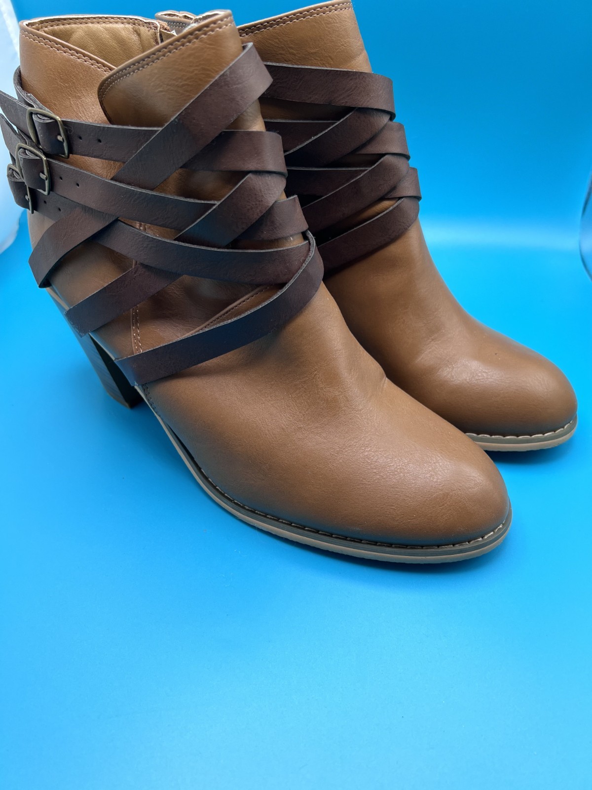 Journee Collection Women’s Strap Ankle Booties Brown Faux Leather Sz 12 Medium