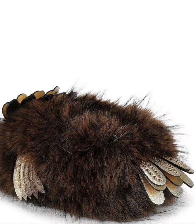 Kurt Geiger London-Eagle Fluff Faux Fur Bedazzled Brown/Gold Slippers, 8/9 New
