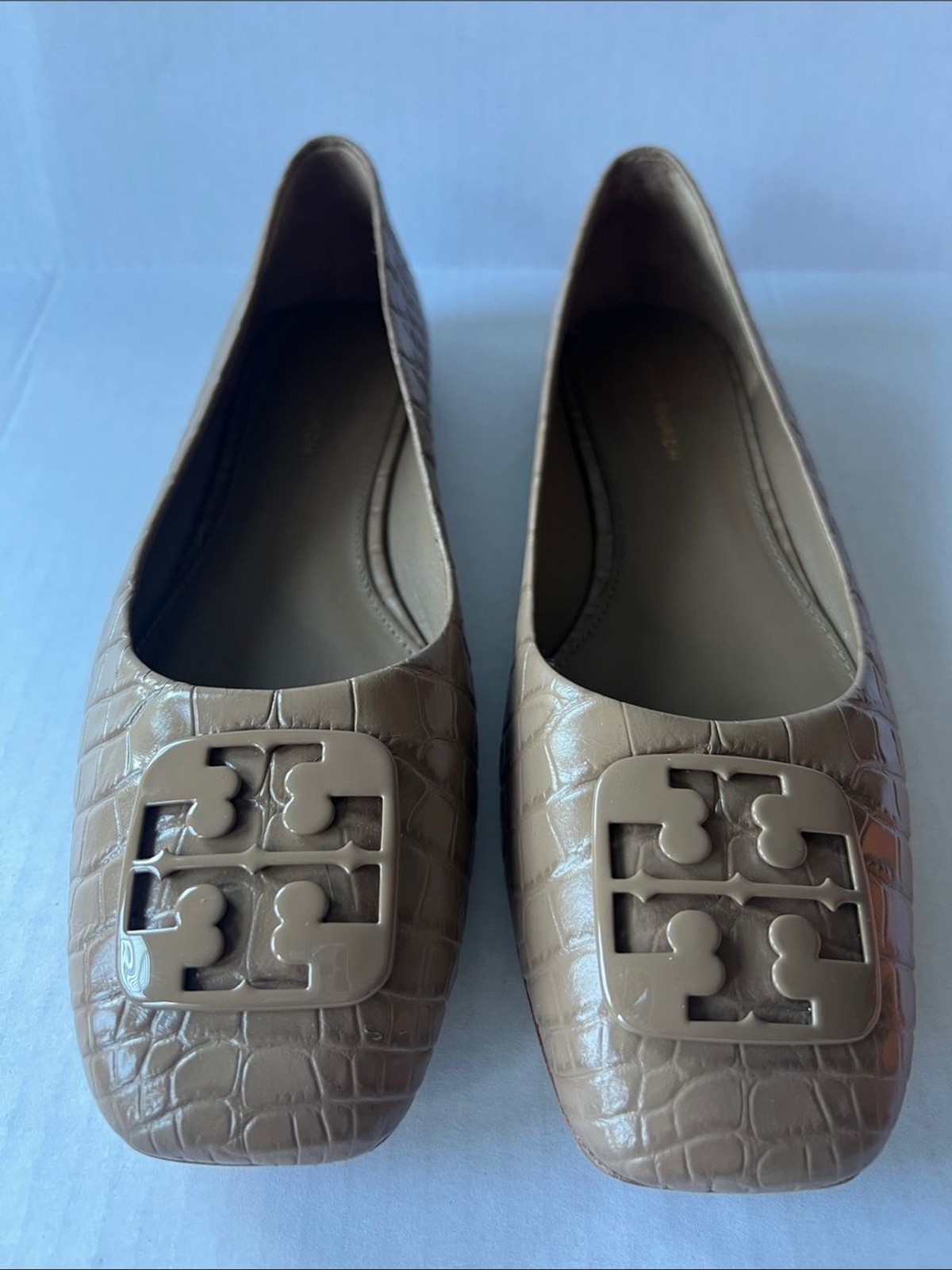 Tory Burch Taupe Croc-Embossed Logo Square-Toe Ballet Flats