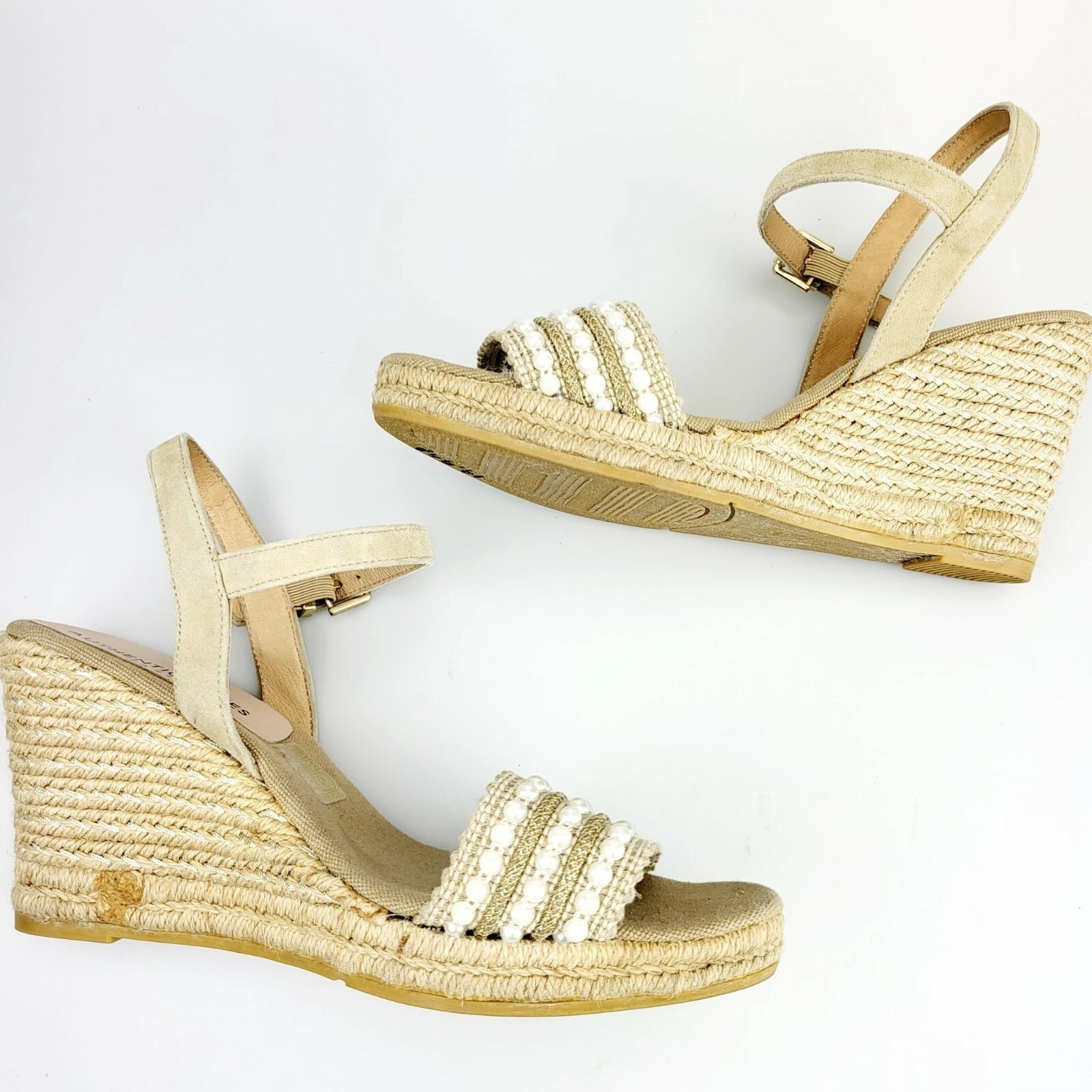 Boho Espadrille Wedge Sandals Womens 8 39 Tan Pearl Beaded Coastal Summer