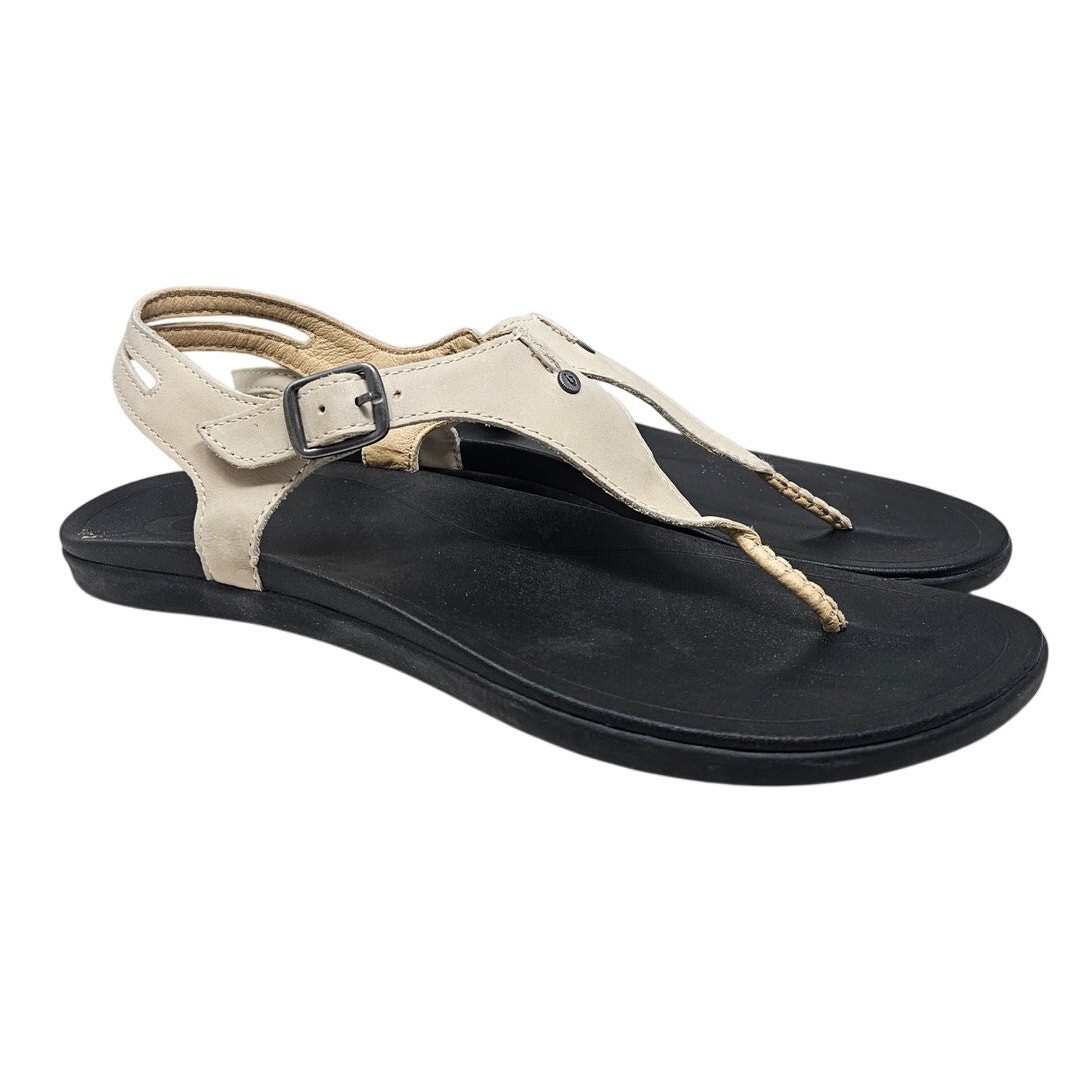 OLUKAI Eheu Sandals 10 White T Strap Comfort Gorpcore Casual Beach Pool Outdoor