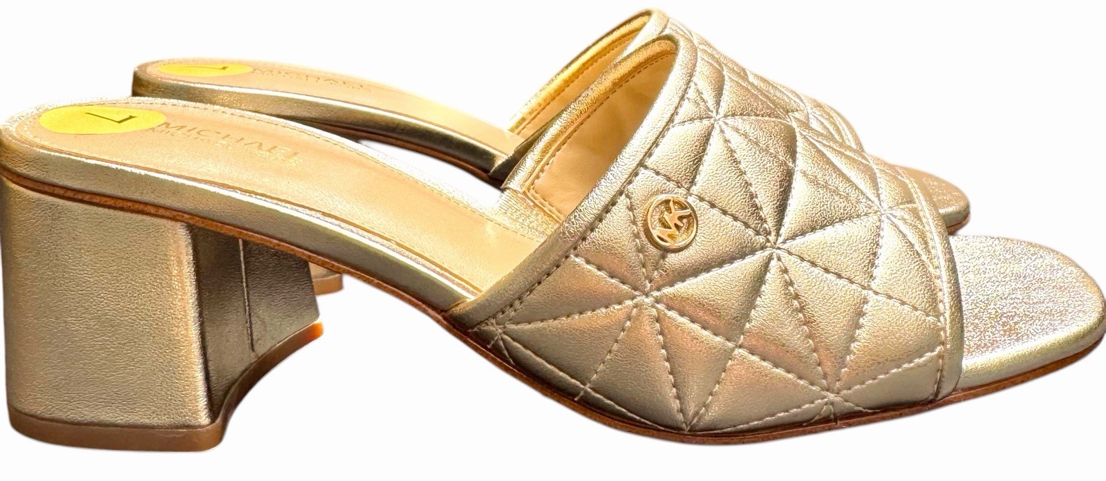 Michael Kors Gold Quilted Slide Sandals Block Heel Women’s Size 7M NWOB
