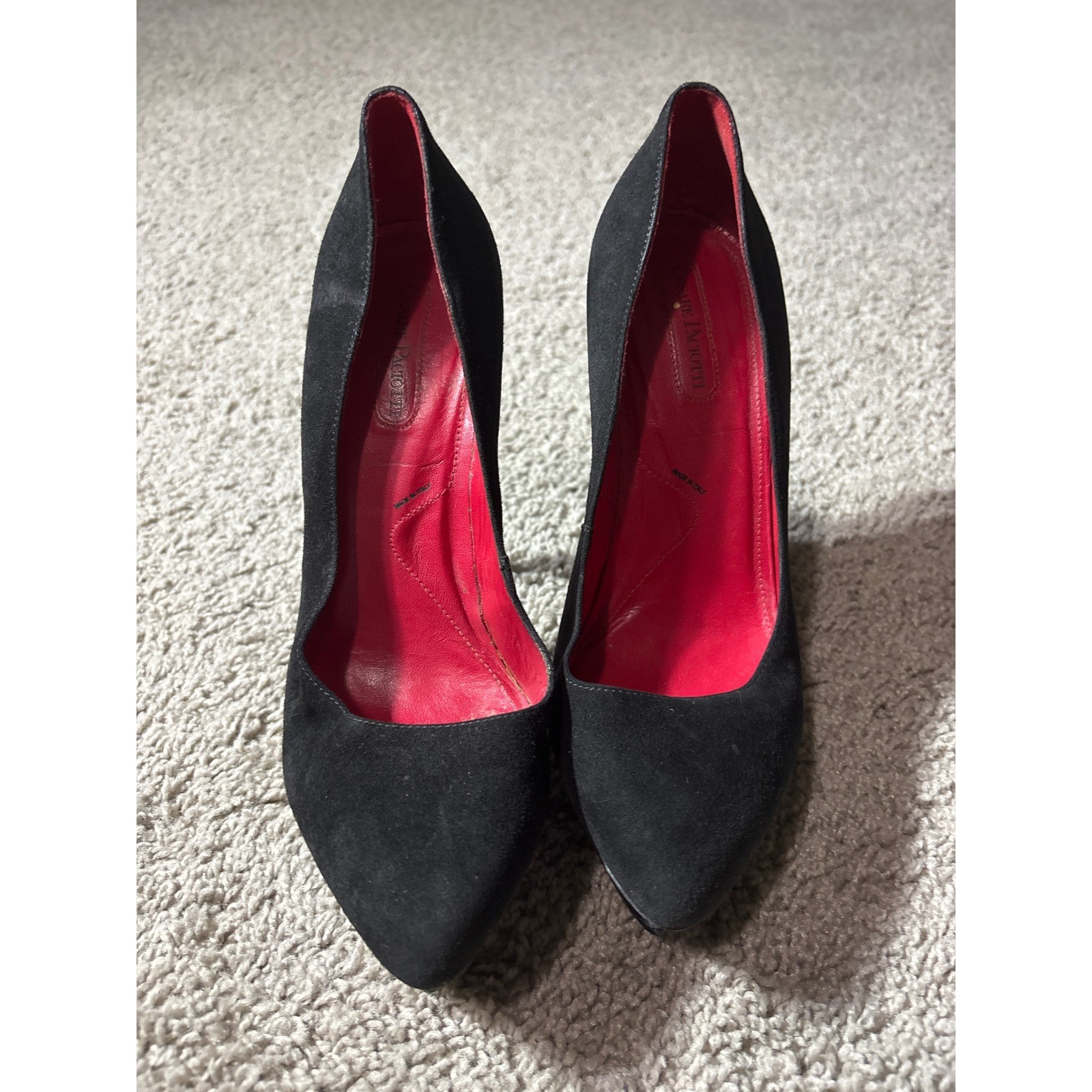 Cesare Paciotti Black Suede Red Lace Sole Platform Pumps Heels Made in Italy37.5