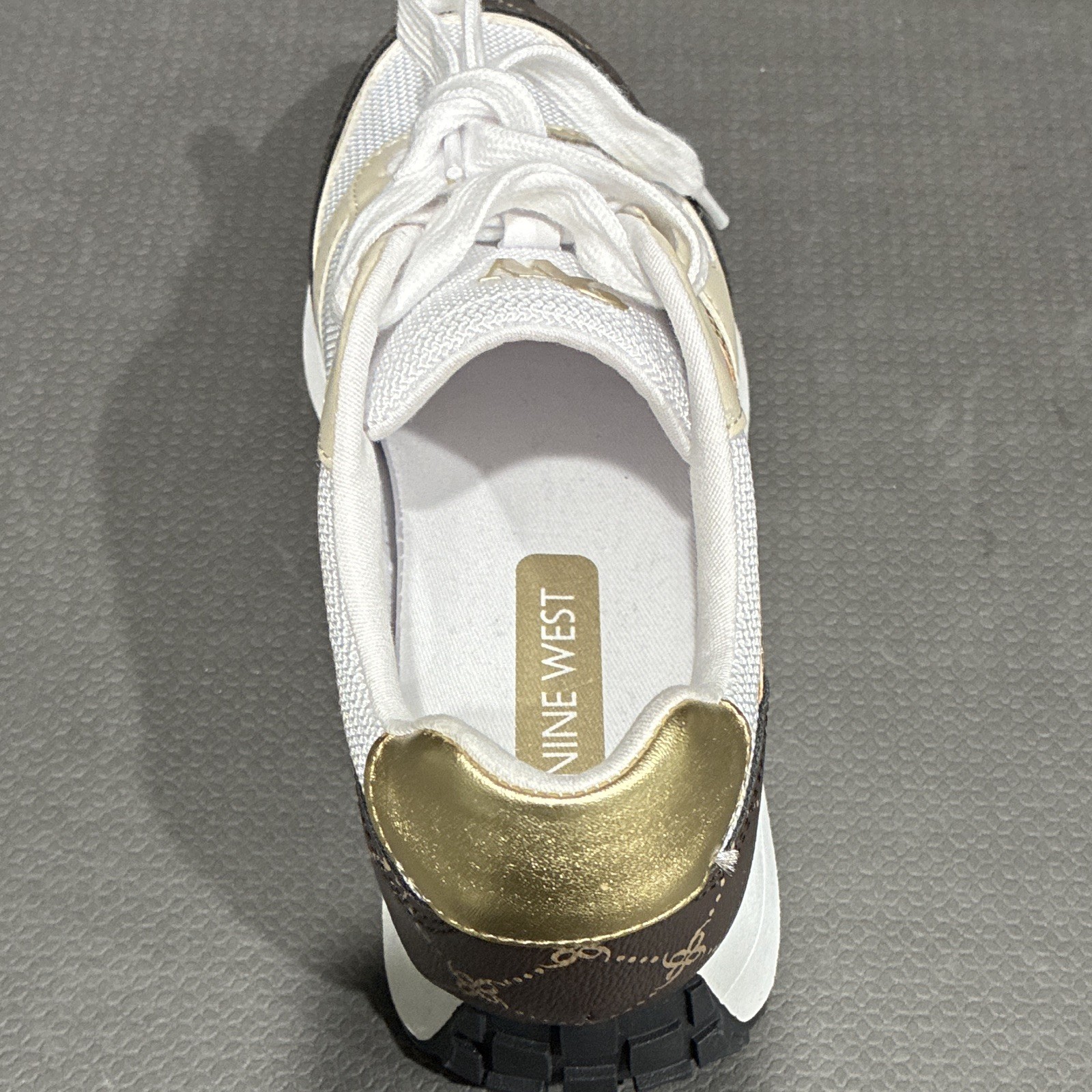 Nine West Women’s Low Top Athletic Sneakers White Brown Gold Lace-Up Textile