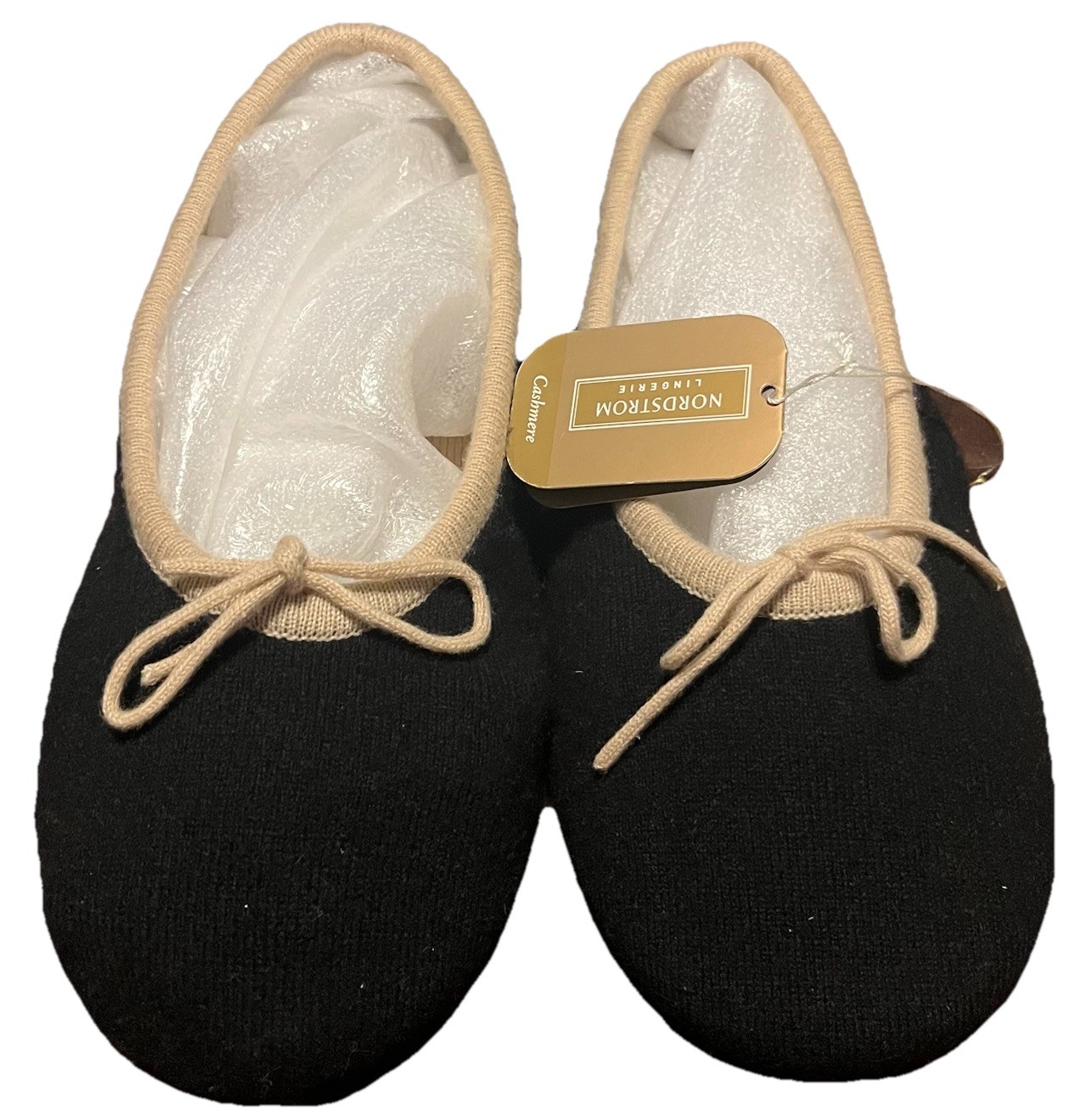 Nordstrom Lingerie Luxe Cashmere Slippers Black Tan Bow XL NWT Holiday Gift