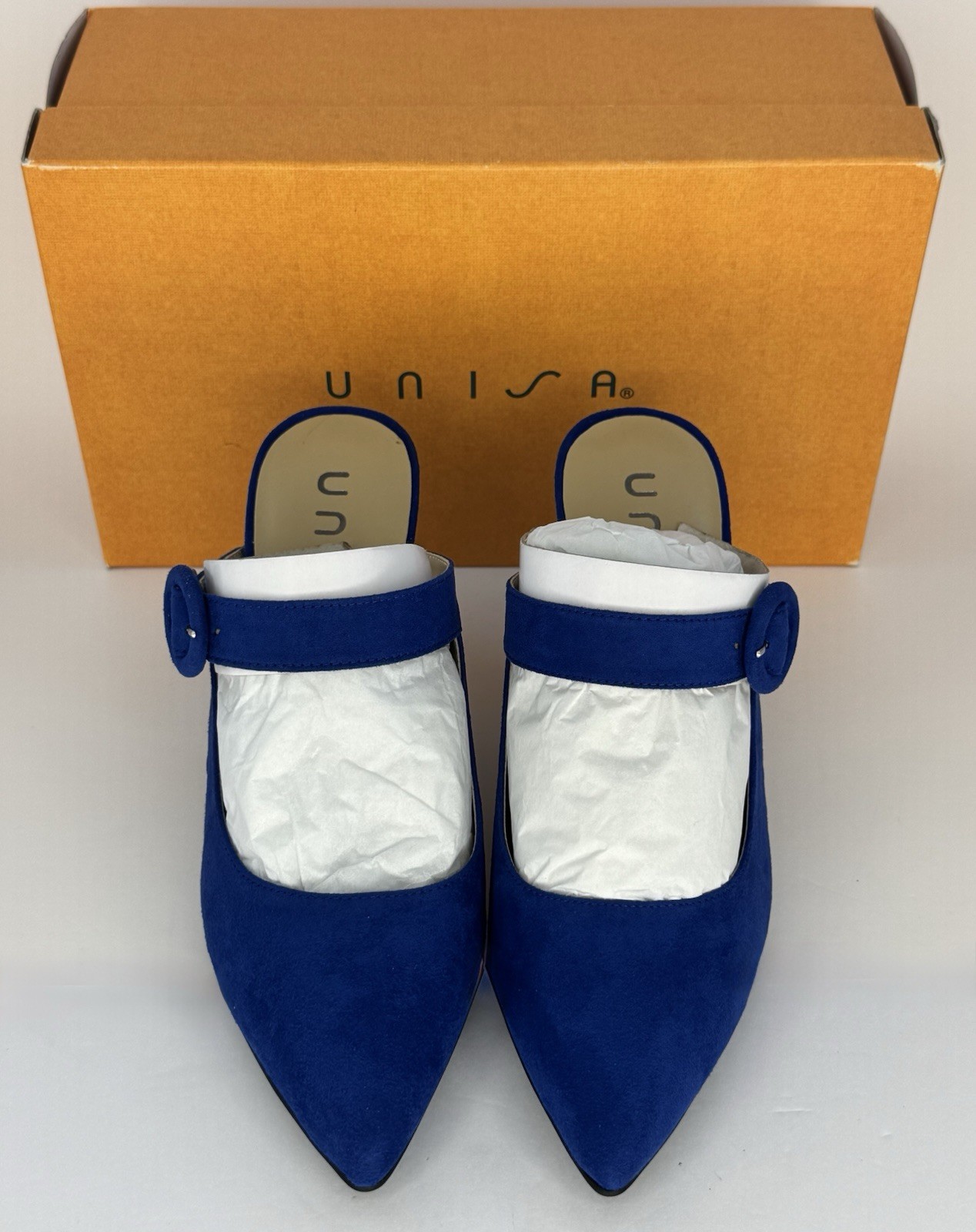 TITLE Unisa Blue Suede Mary Jane Mule Pumps Pointed Toe Heels Size 8M NIB