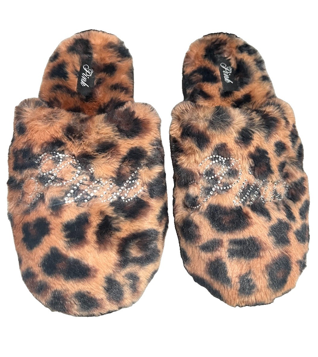 Victoria’s Secret Pink Plush Bling Logo Faux Fur Leopard Slippers Size Large