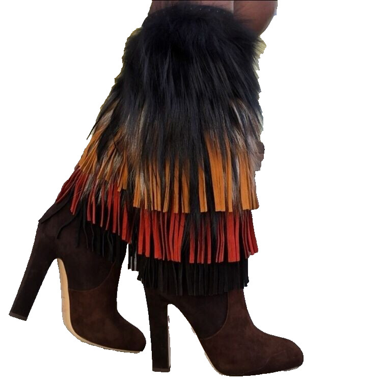 39.5/8.5 ❤️JIMMY CHOO Fox Fur & Fringe Suede Knee High Heel Tall Boots ITALY