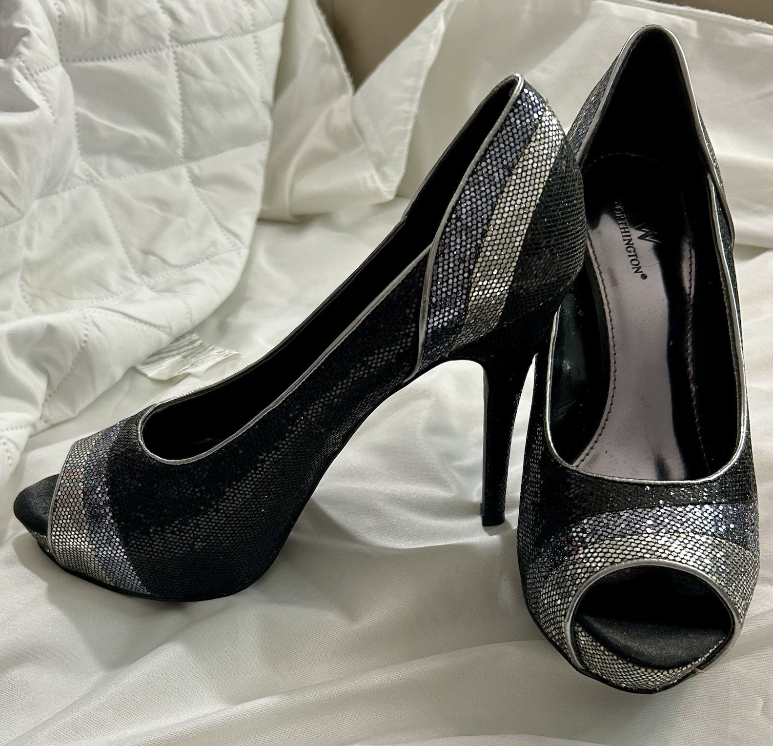 Worthington Women’s Black/Silver Glitter Peep Toe Stiletto Slip-On Pumps 7.5