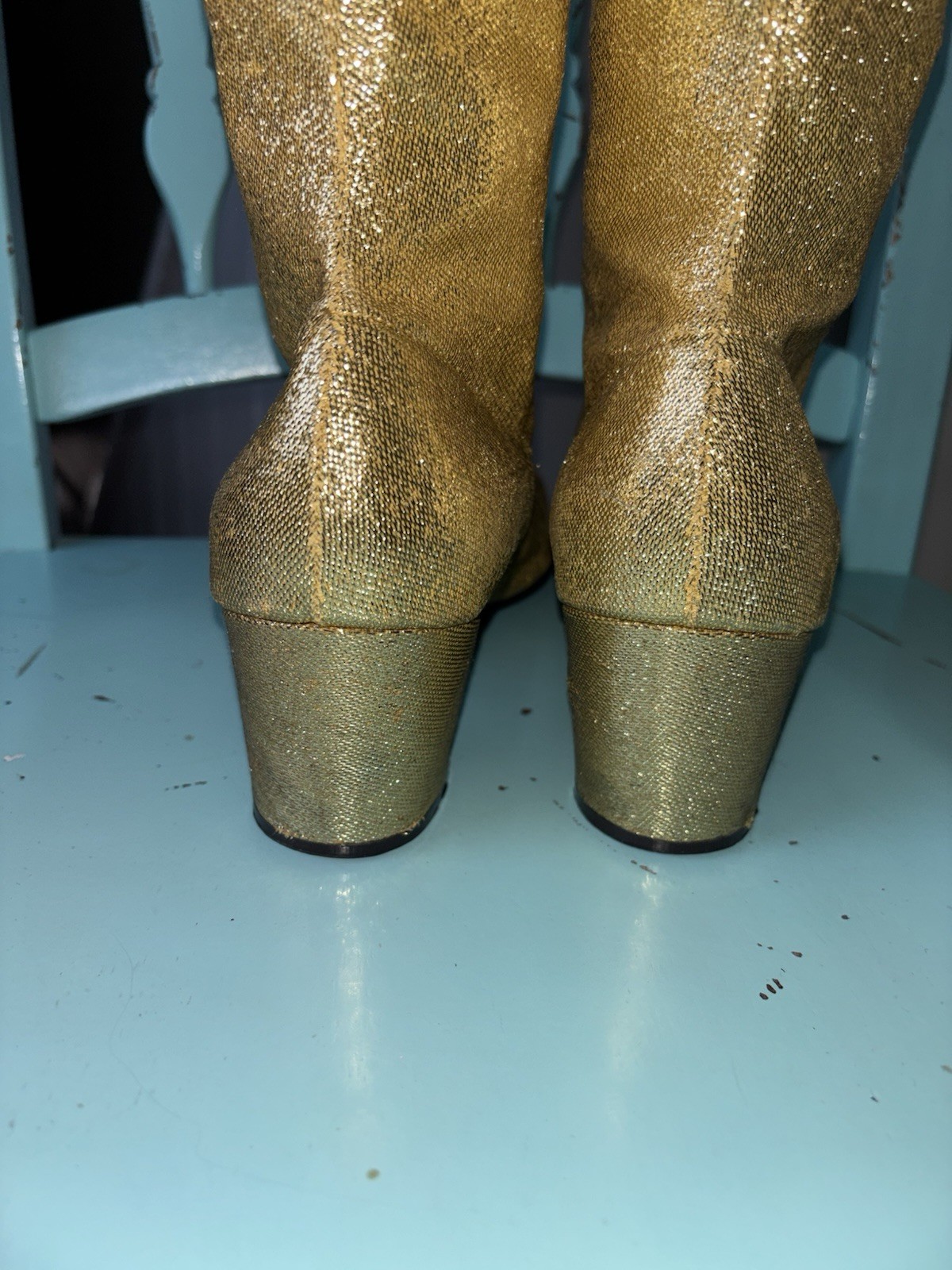 Rare Vintage Women Gold Metallic Lame Knee-High Go Go Boots