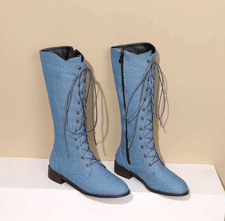 Women’s Mid Calf Boots Punk Casual Shoes Flat Lace Up Side Zip Riding Outdoor SZ