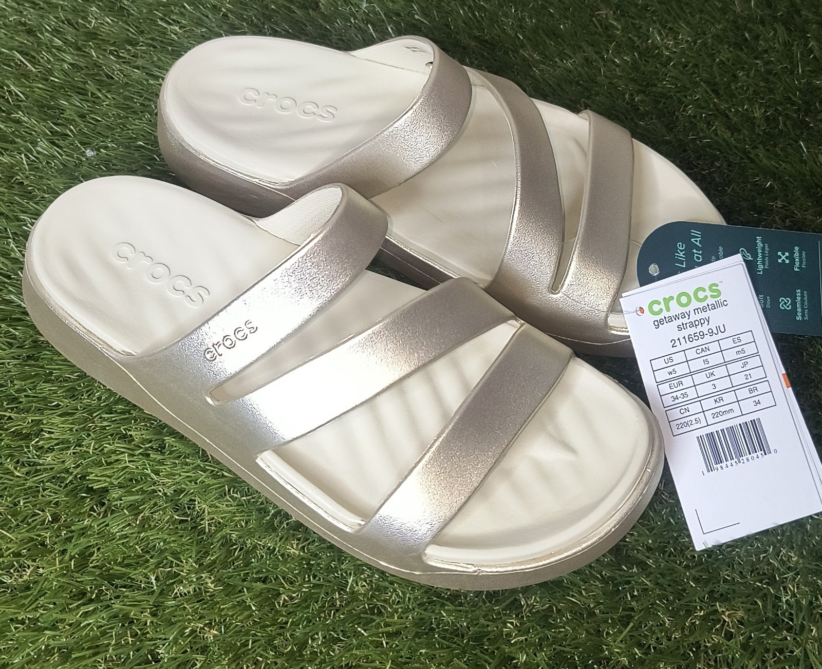 Crocs Getaway Metallic Gold/Ivory Synthetic Strappy Slide Sandals Women’s US 5