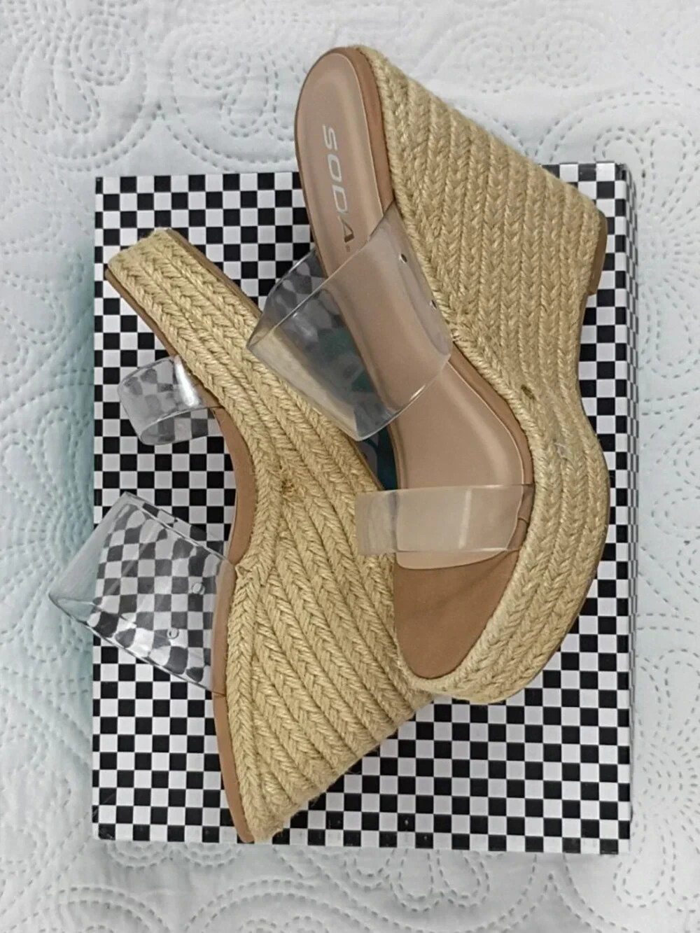 NWOT Soda Clear Strap Espadrille Wedge Sandals Size 7.5 | 5″ Platform Heel