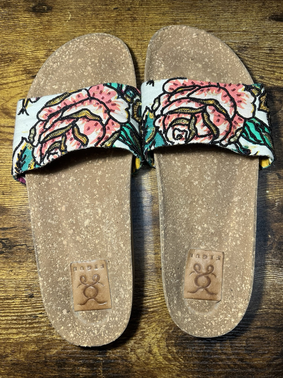 Figue Designer Sandals 8.5-9 Slides Beaded Sequined Rose Pattern Neiman Barneys