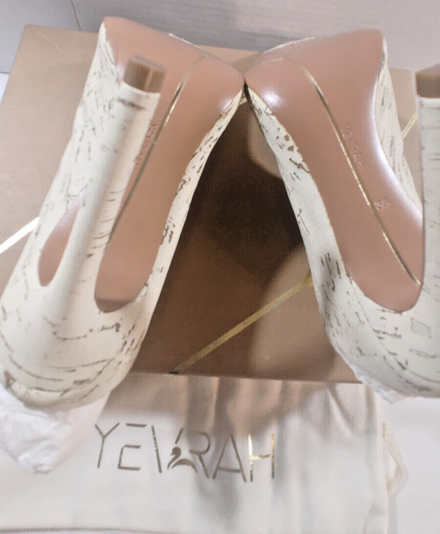 Yevrah Women’s Designer Chloe Size 7 White Shoe Heel Cork Mule Gold Cap Brazil