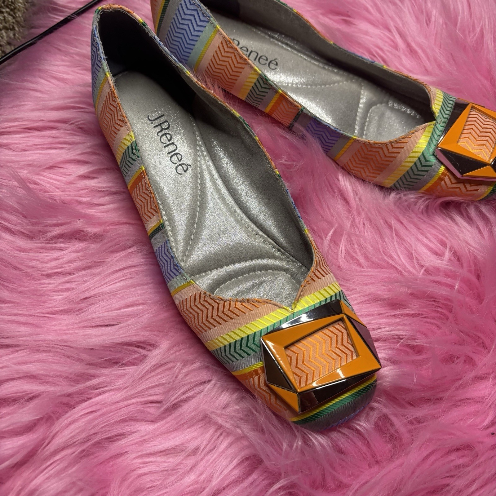 J. Renee Colorful Striped Buckle Ballet Flats Square Toe Gem Accent Size 7