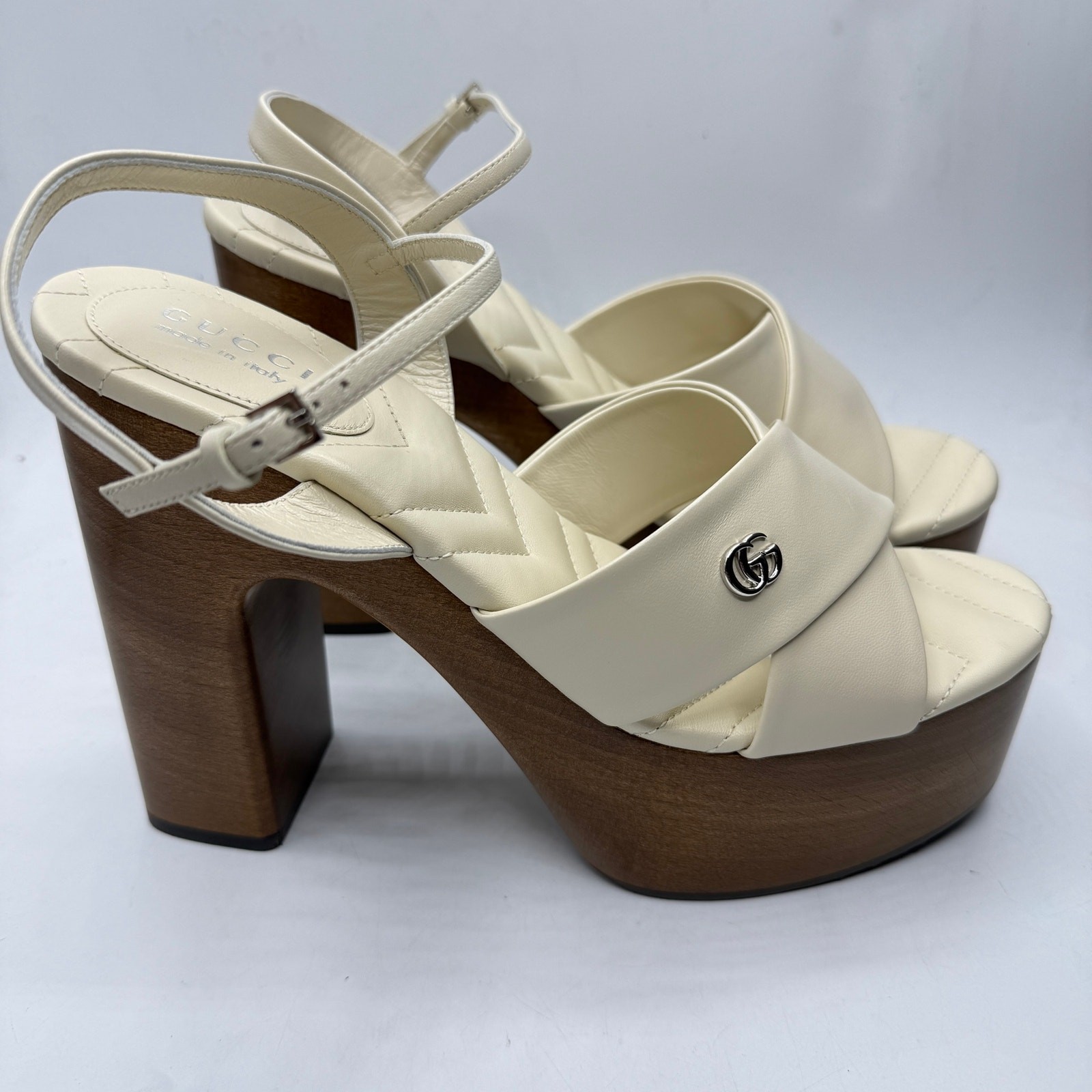 NEW Gucci Marmont GG Logo Embellished Leather Platform Sandals Cream Size EU 40