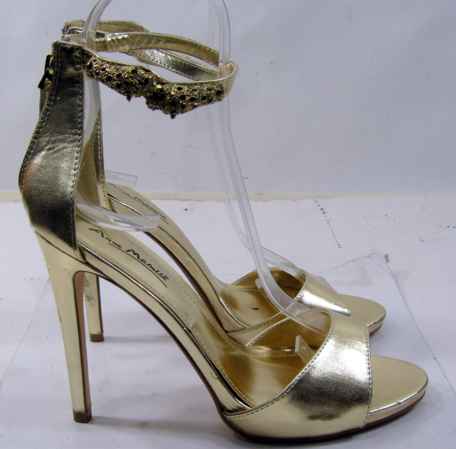 Anne Michelle Gold 5″Stiletto Heel Ankle Strap Open Shoes WOMEN Size 8