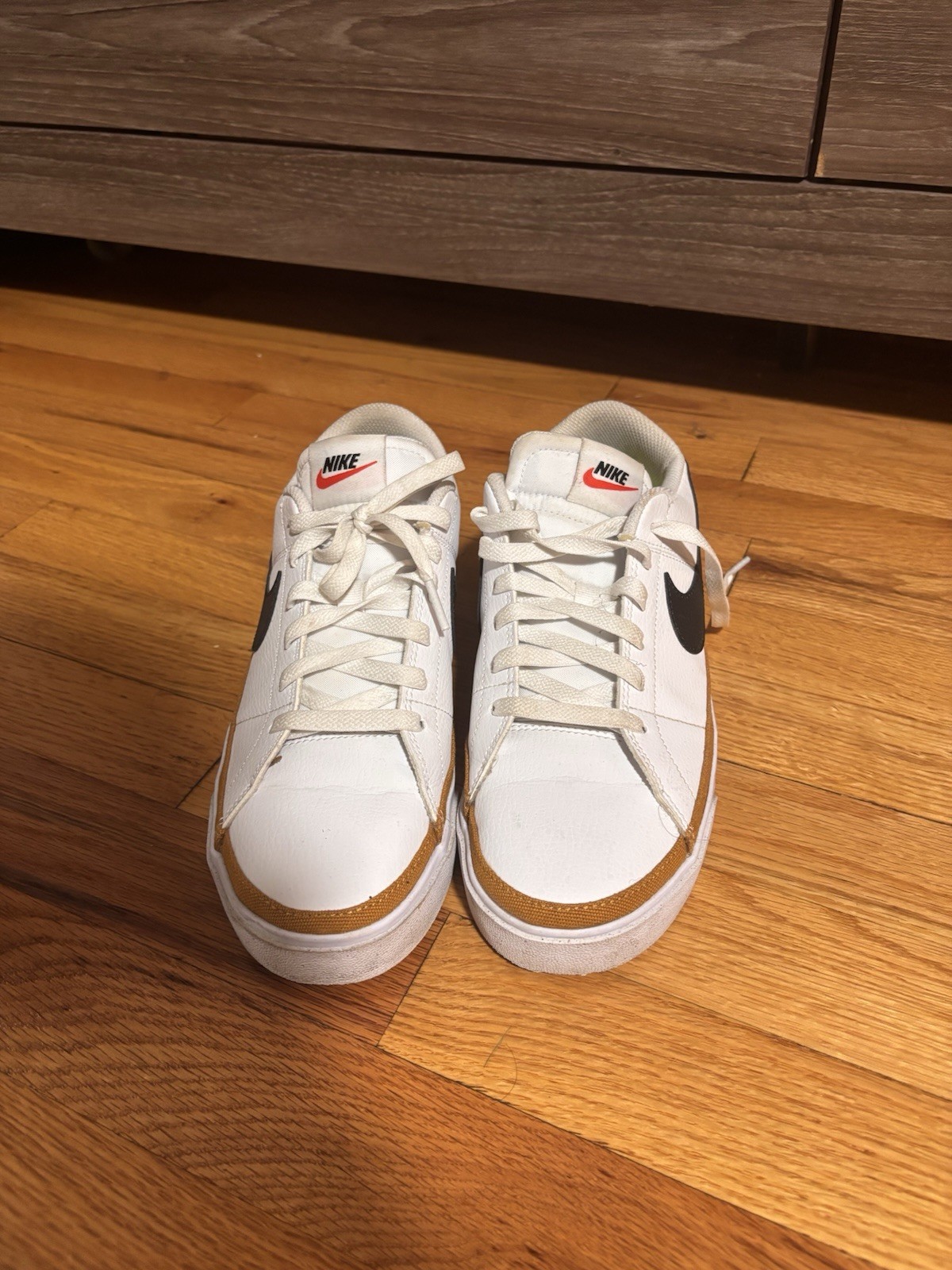 These Are Nike Size 7.5 Color White Gold Sneakers With Neon Insole.