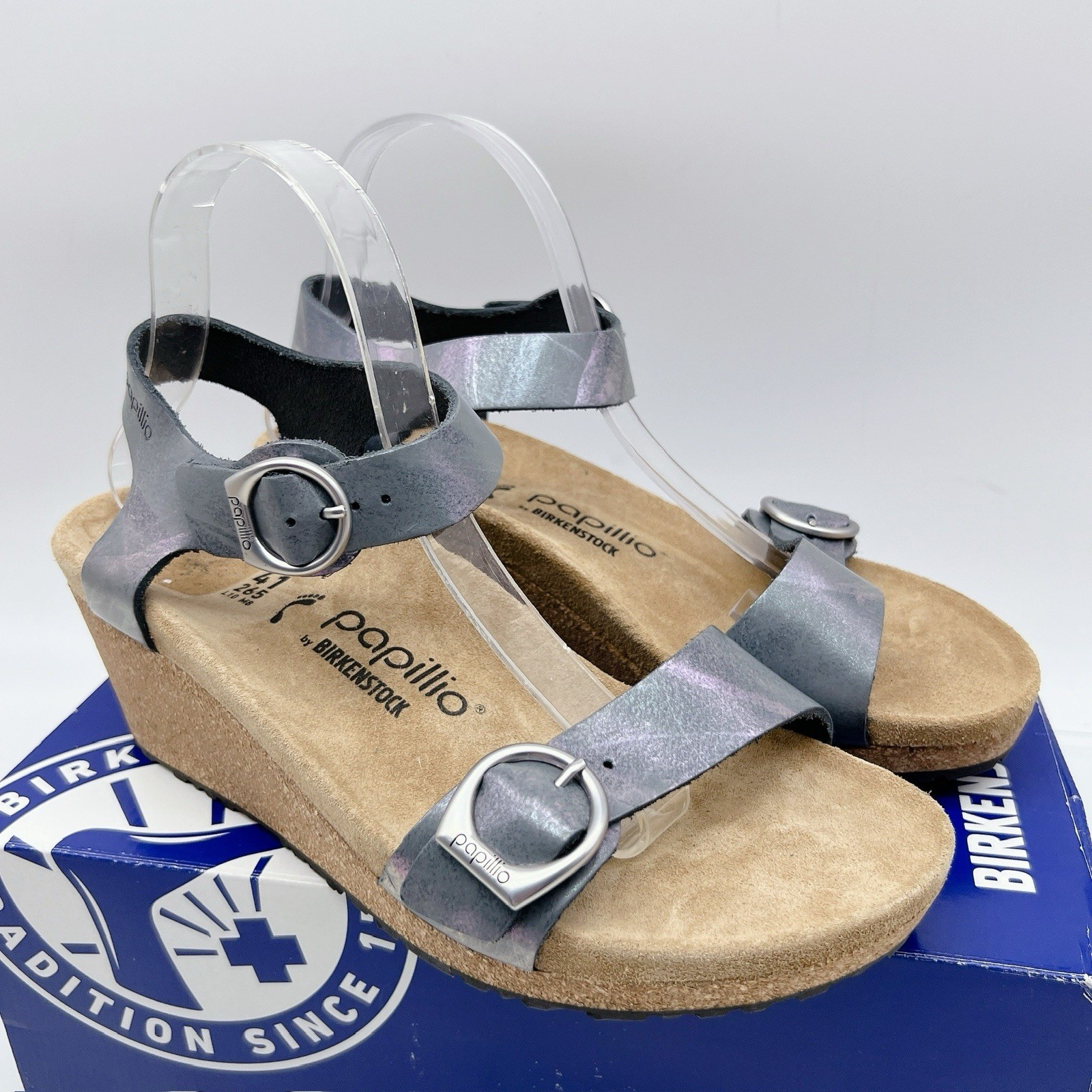 Birkenstock Papillio Soley Ring Buckle Sandal Metallic Black Wedge EU 41 Womens