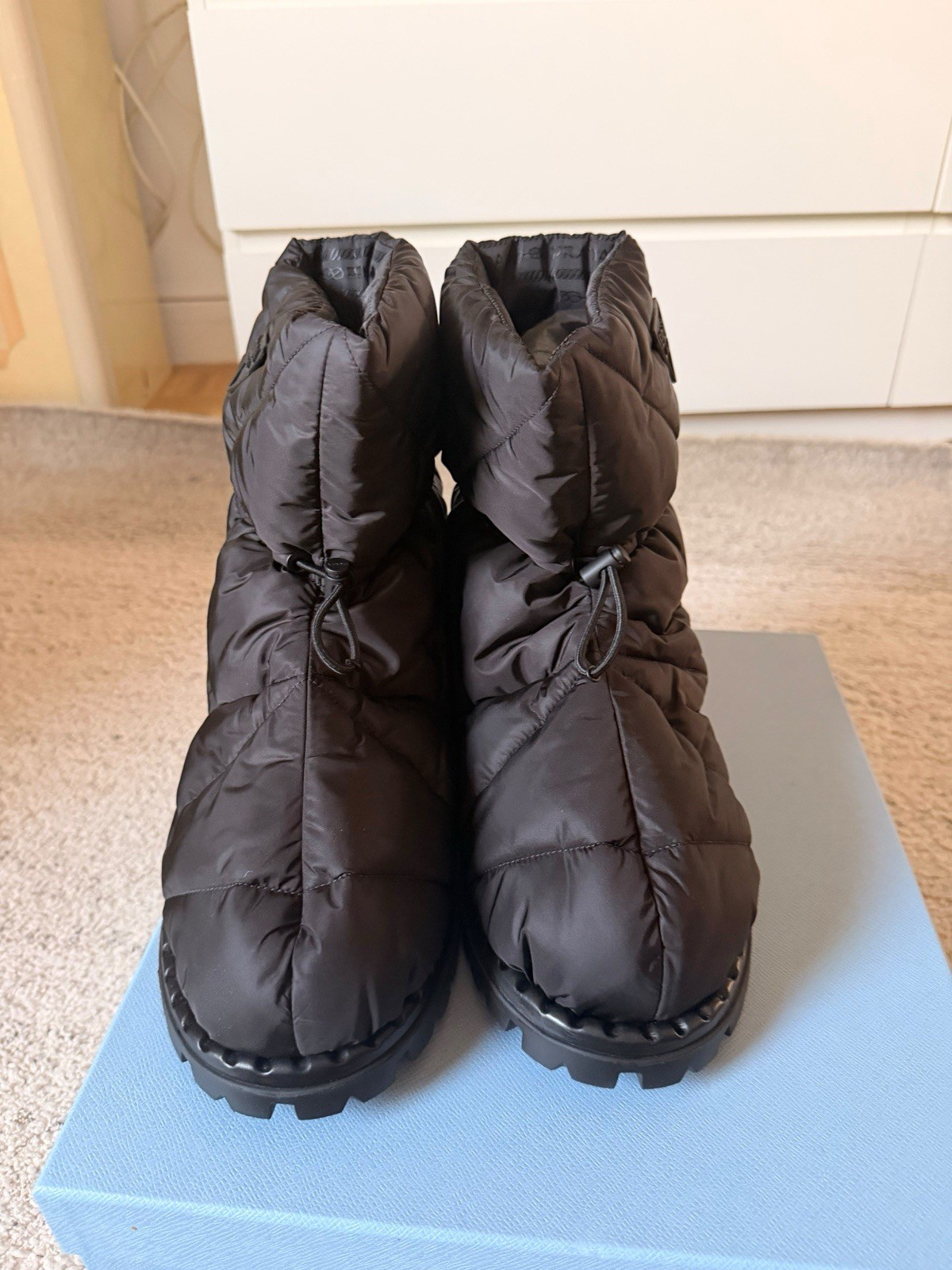 PRADA Milano Women’s Black Quilted Nylon Drawstring Lined Ankle Snow Boot 9.5