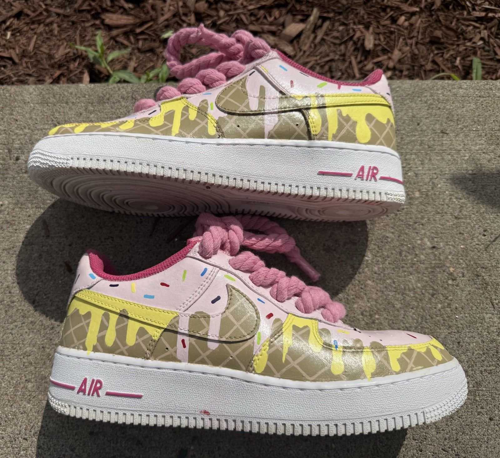 WMS 6.5 Custom hand painted “ Ice Cream and waffle “ AF1, with 8mm rope laces.