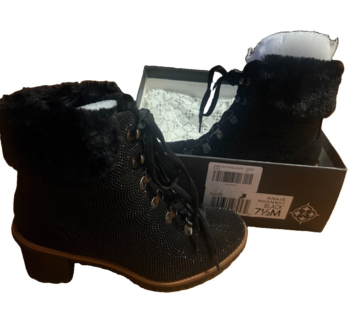 Nanette Lepore Anais Black Sparkle Faux Fur Trim Lace-Up Lined Ankle Bootie 7.5