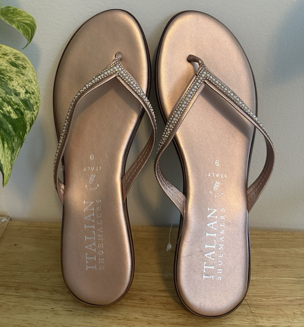 Italian Shoemakers Women’s Bronze Thong Sandals US 9 Beaded Rhinestone
