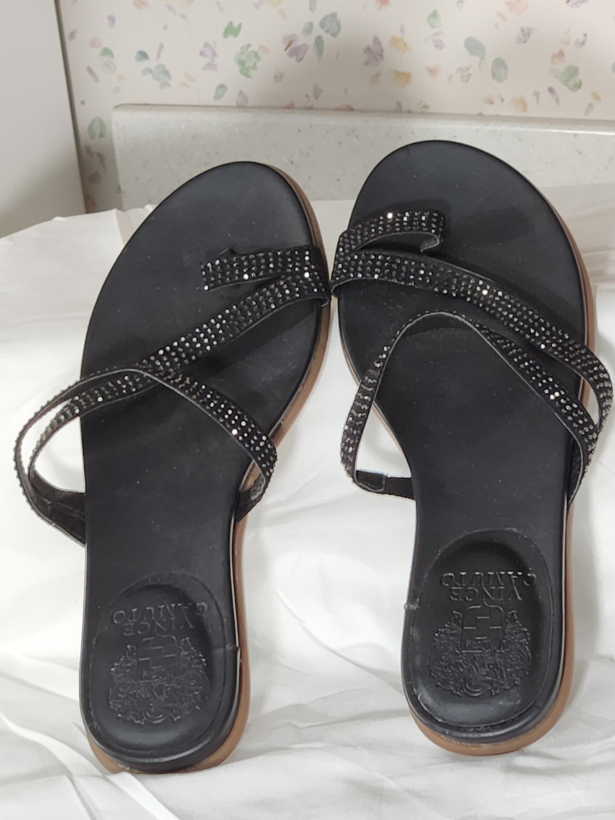 Vince Camuto Sandals Womens Black Embellished Straps Toe Slide 6