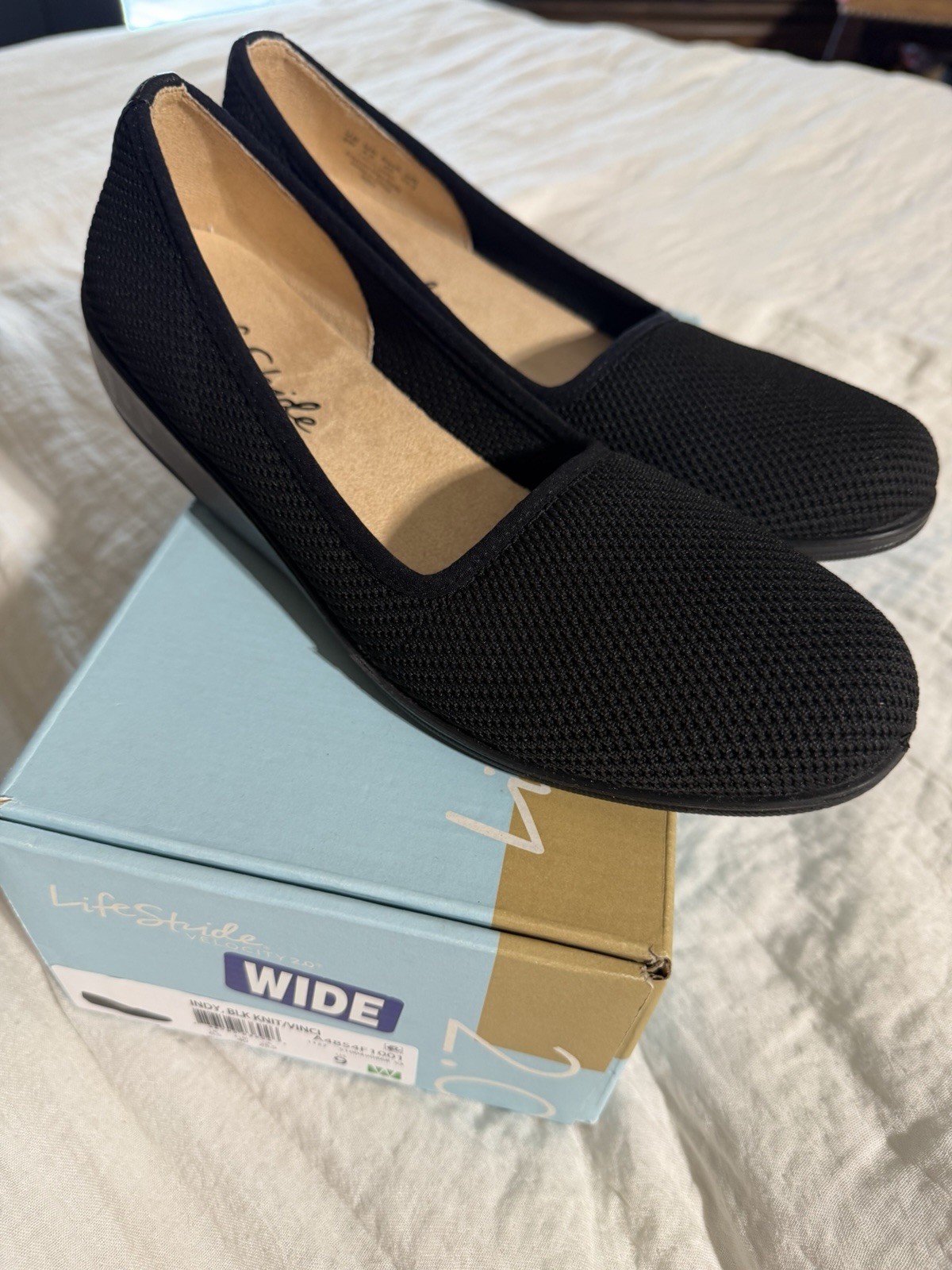 LifeStride Indy Black Stretch Knit Wedge Comfort Slip On Flat Shoes Womens 9W