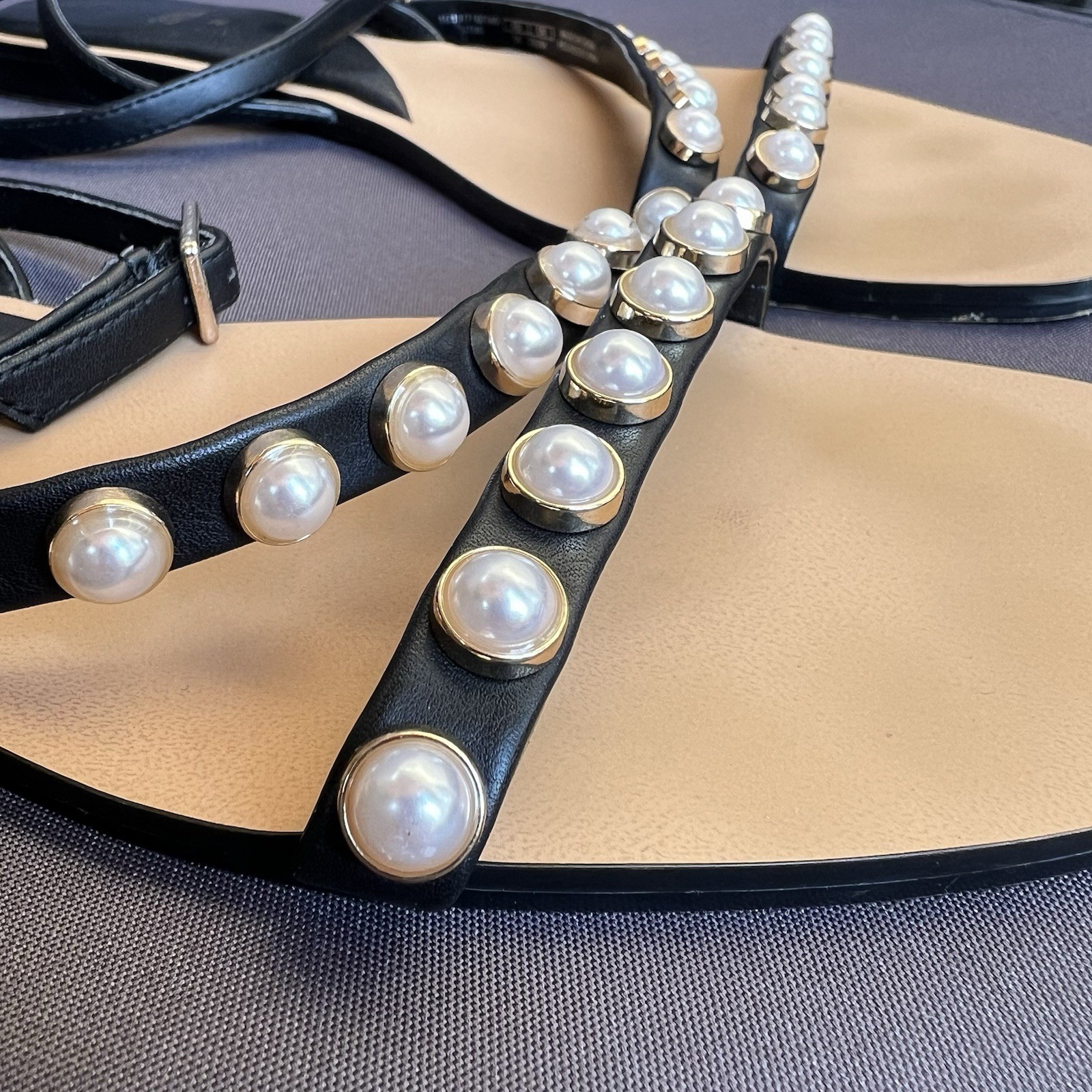 Zara Pearl Studded Flat Strappy Sandals Sz 36 US 6 Black White Gold Chic Wedding
