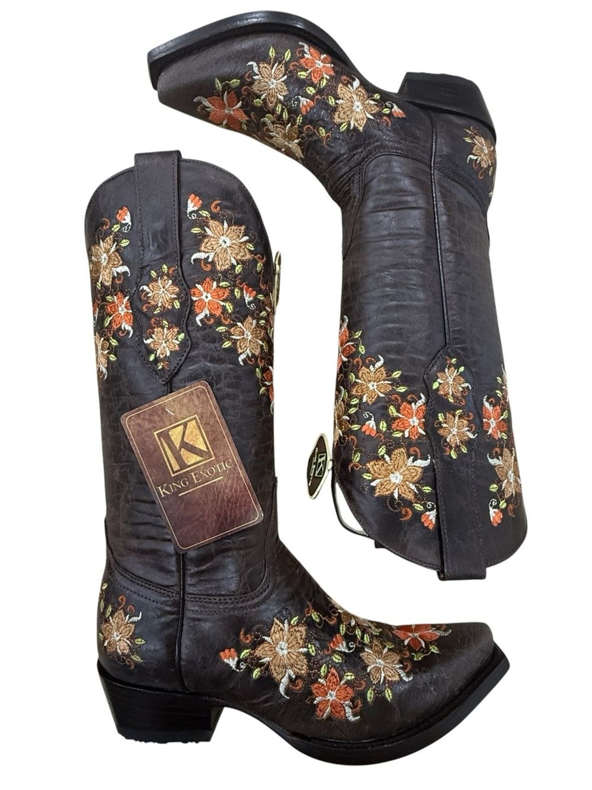 King Exotic Floral Embroidered Western Boots Chocolate Brown Snip Toe – Sz 8