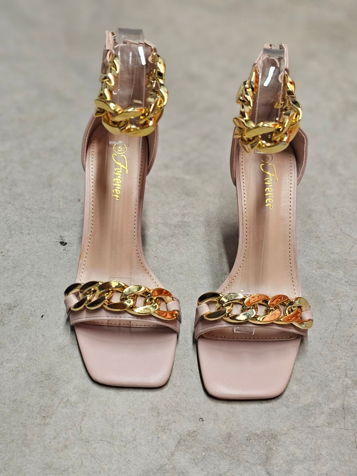 Blush Pink High Heel Sandals With Gold Chain Ankle Strap Square Toe Back Zipper
