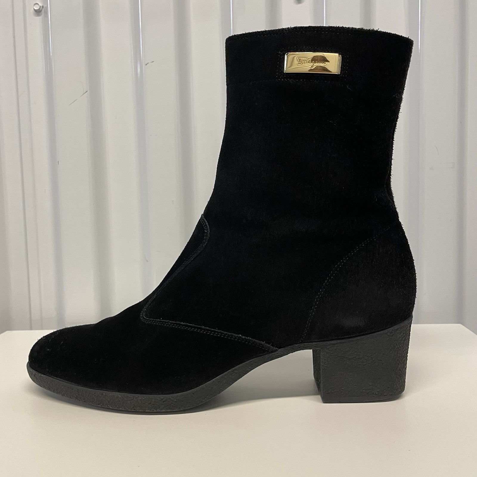 Vintage 90s Ferragamo Black Suede Logo Ankle Boots Women’s 5.5 B