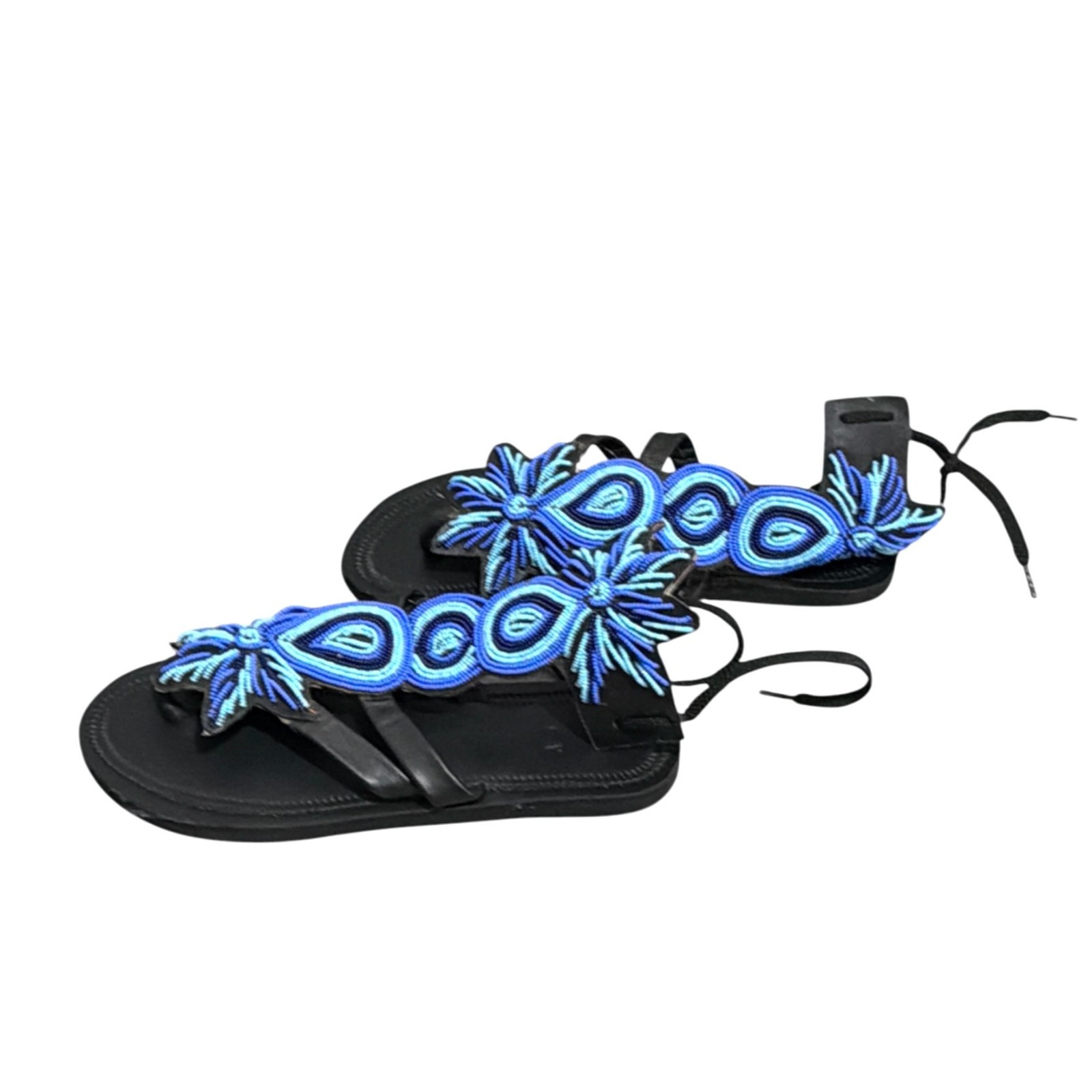African Sandals Womens 8.5 Black Leather Masai Beadwork Gladiator Tribal Artsy