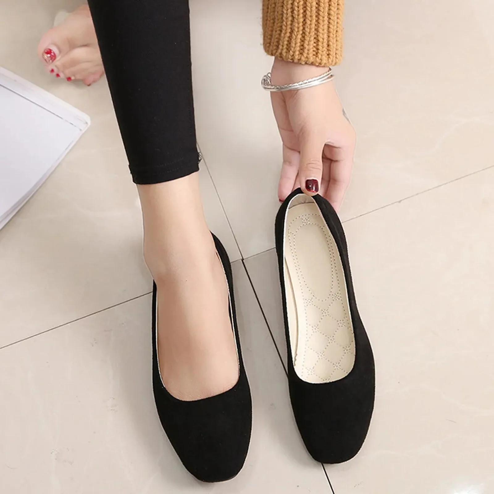 2026 Women Suede Square Flat Heel Shallow Female Shoes Spring Summer Square Toe