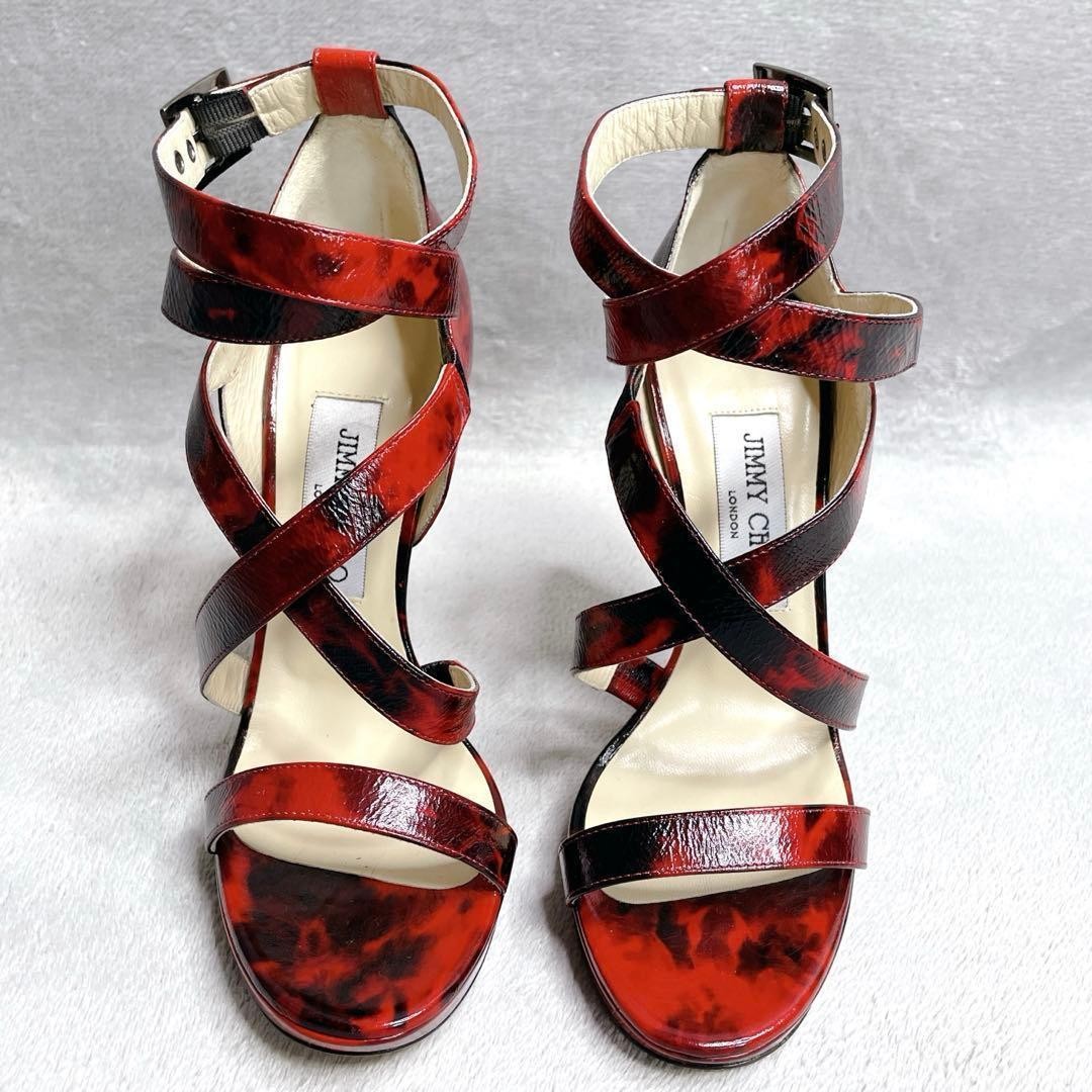 JIMMY CHOO Tie Dye Patent Red Black Cross Strap Heeled Sandals Shoes EU 36.5