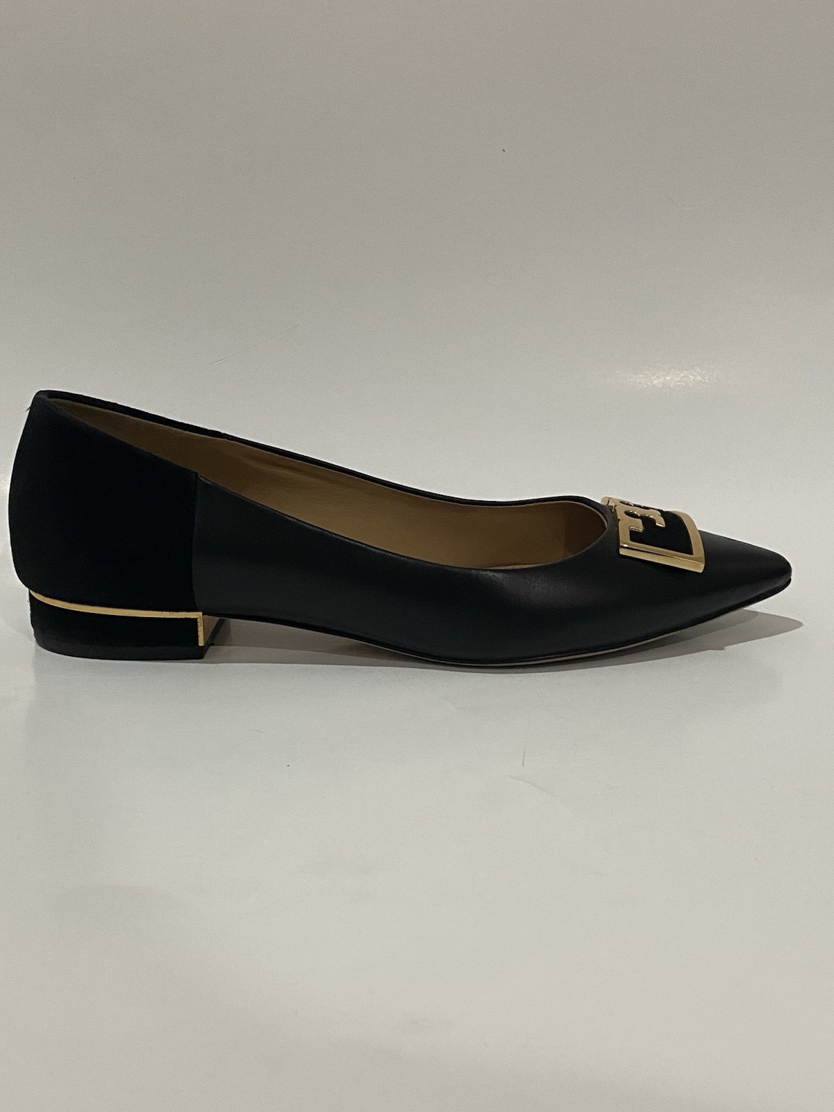 Tory Burch Jessa Black Gold Pointed Toe Logo Buckle Flats Leather Suede 5.5