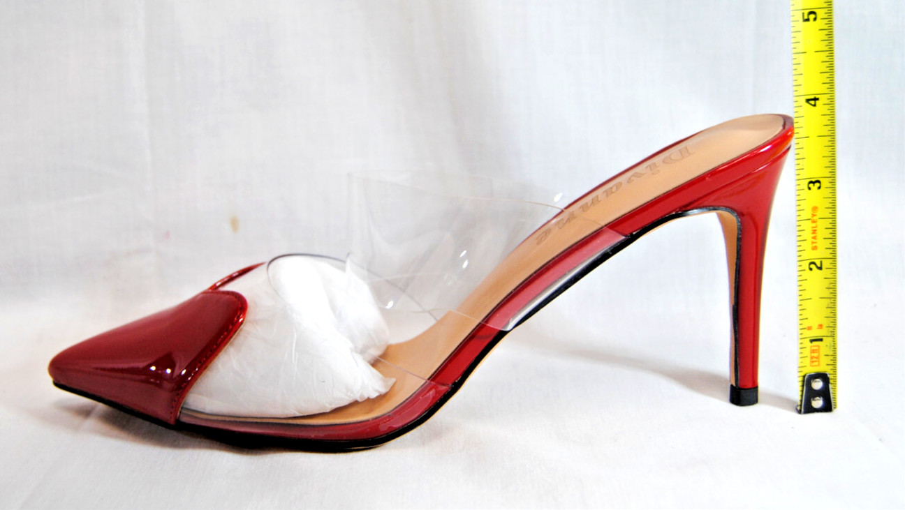 Divanne Womens Heart Heeled Mules Pointed Toe Clear Strap Pumps High Heels T2344
