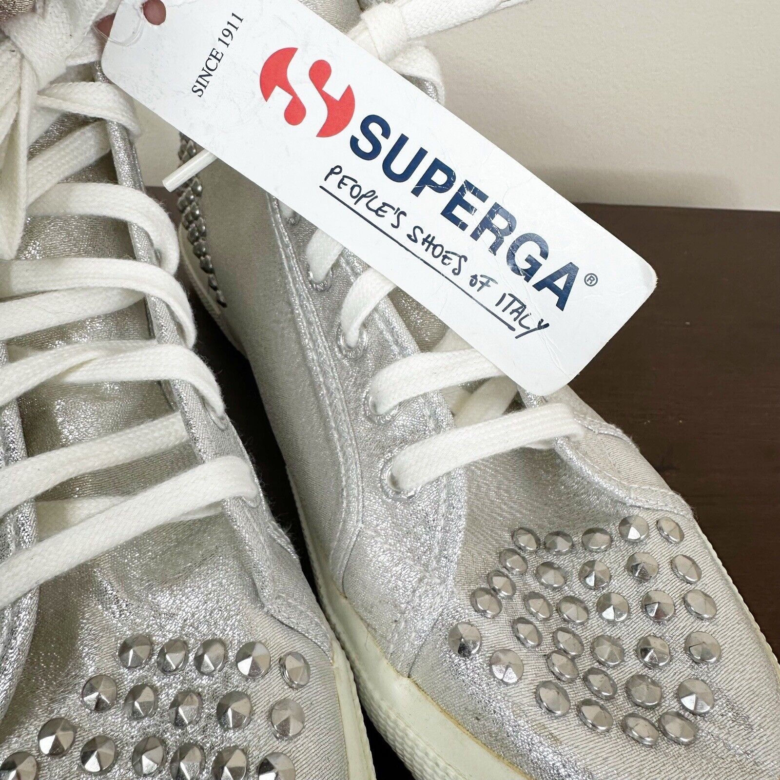 NEW Superga Sneakers Unisex Adults Silver Studded High Top Lace Up Shoes