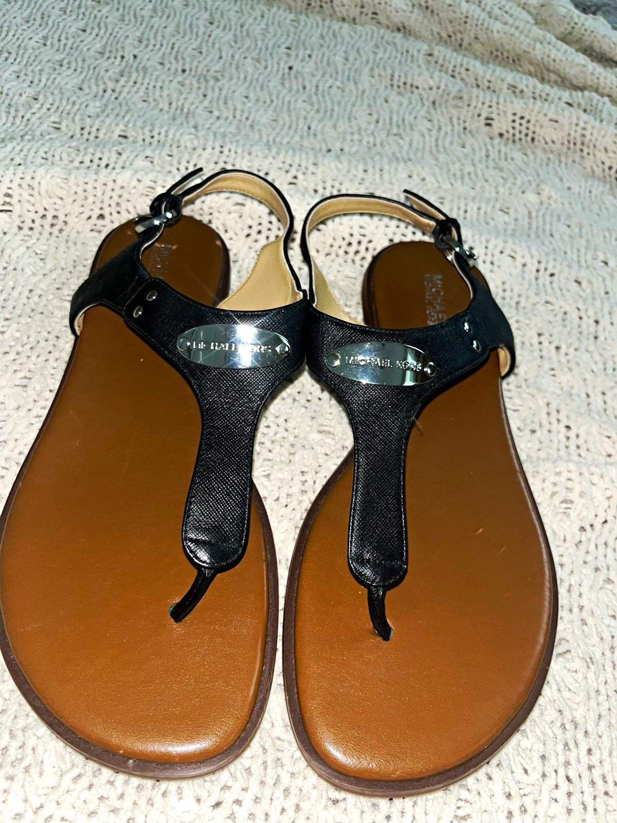 Michael Kors Women’s Black Thong Ankle Strap Leather Sandals Buckle Logo 9.5M